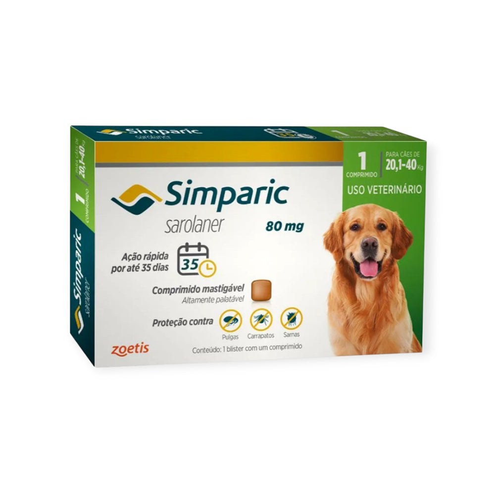 Simparic Antipulgas e Carrapatos 80mg Para Cães de 20 a 40kg 1 Comprimido