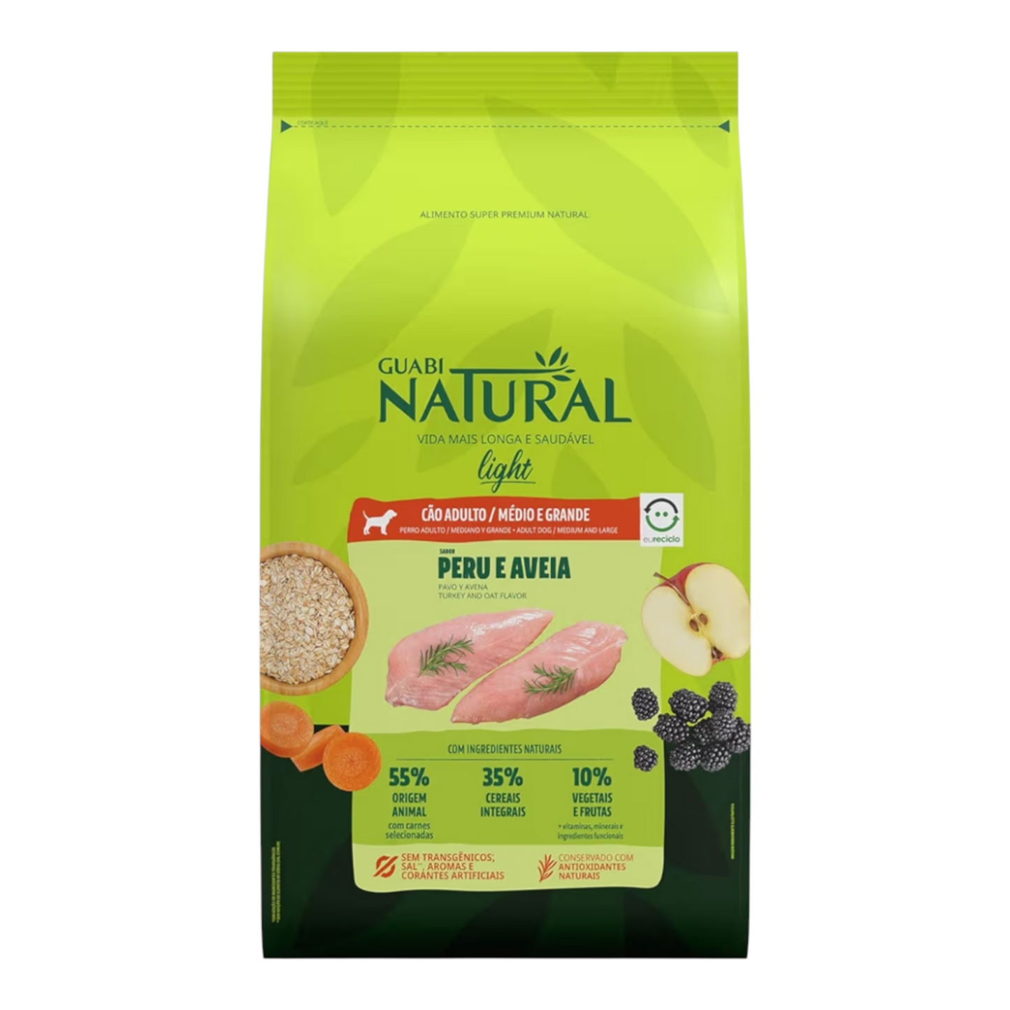 Ração Guabi Natural Light Cães Adultos Portes Médio e Grande Peru e Aveia 12 kg
