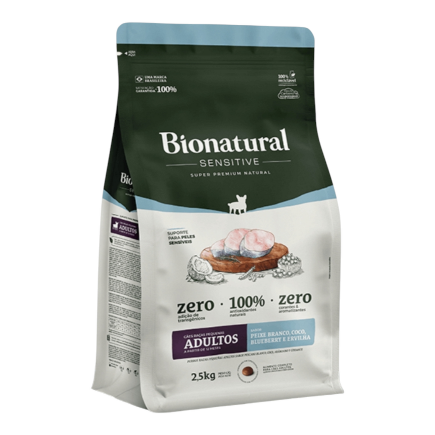 Ração Bionatural Sensitive para Cães Adultos de Raças Pequenas Sabor Peixe Branco, Coco, Blueberry e Ervilha 2,5kg