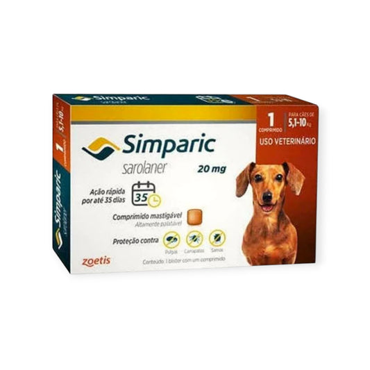 Simparic Antipulgas e Carrapatos 20mg para Cães de 5,1 a 10kg 1 Comprimido