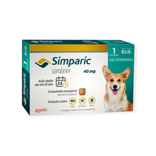 Simparic Antipulgas e Carrapatos 40mg Para Cães de 10,1 a 20kg 1 Comprimido