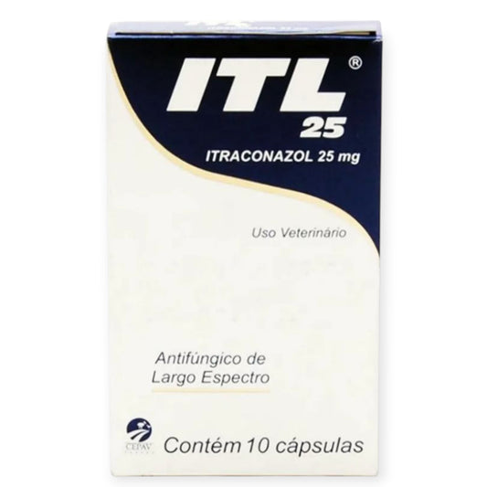 ITL 25 Blister contendo 10 cápsulas de 25 mg de itraconazol cada.