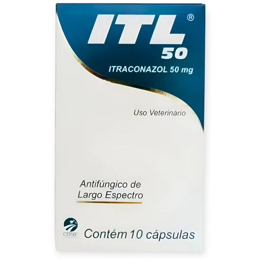 ITL 50 Blister contendo 10 cápsulas de 50 mg de itraconazol cada.