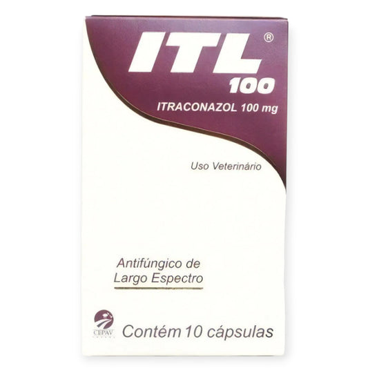 ITL 100 Blister contendo 10 cápsulas de 100 mg de itraconazol cada.