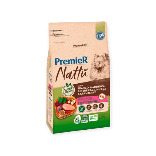 Ração Premier Nattu Cães Adultos raças pequenas Frango, Mandioca, Beterraba, Linhaça 2,5kg