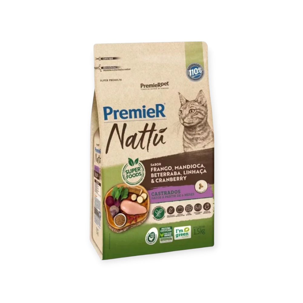 Ração PremieR Nattu frango,Mandioca para Gatos Castrados 1,5kg