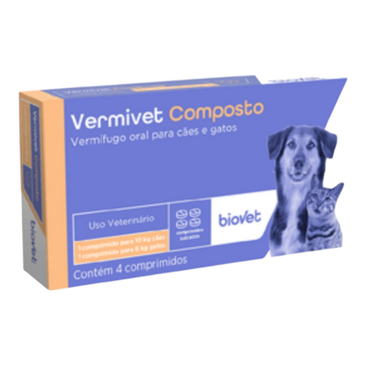 Vermífugo Vermivet Composto 600 mg Biovet cx com 4 comprimidos