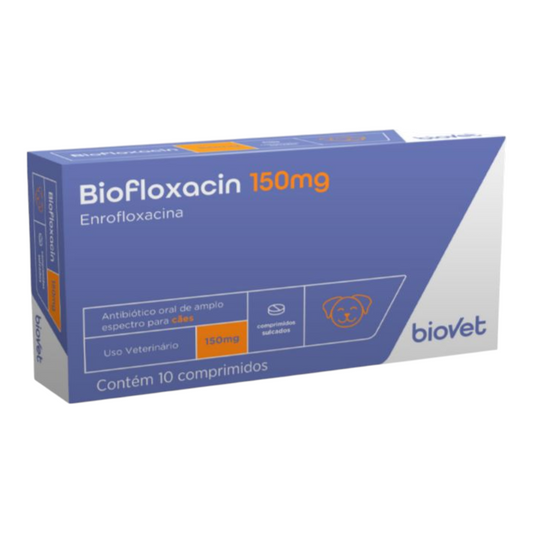Biofloxacin 150mg
Antibiótico oral de amplo espectro. 10 comprimidos